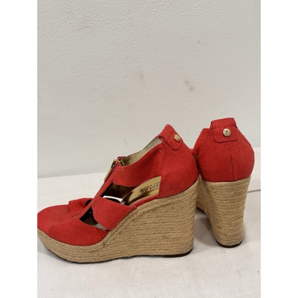 Michael Kors Red Canvas Espadrille Wedge Sandals Zipper Gold Accent Women Size 7 - Picture 8 of 10
